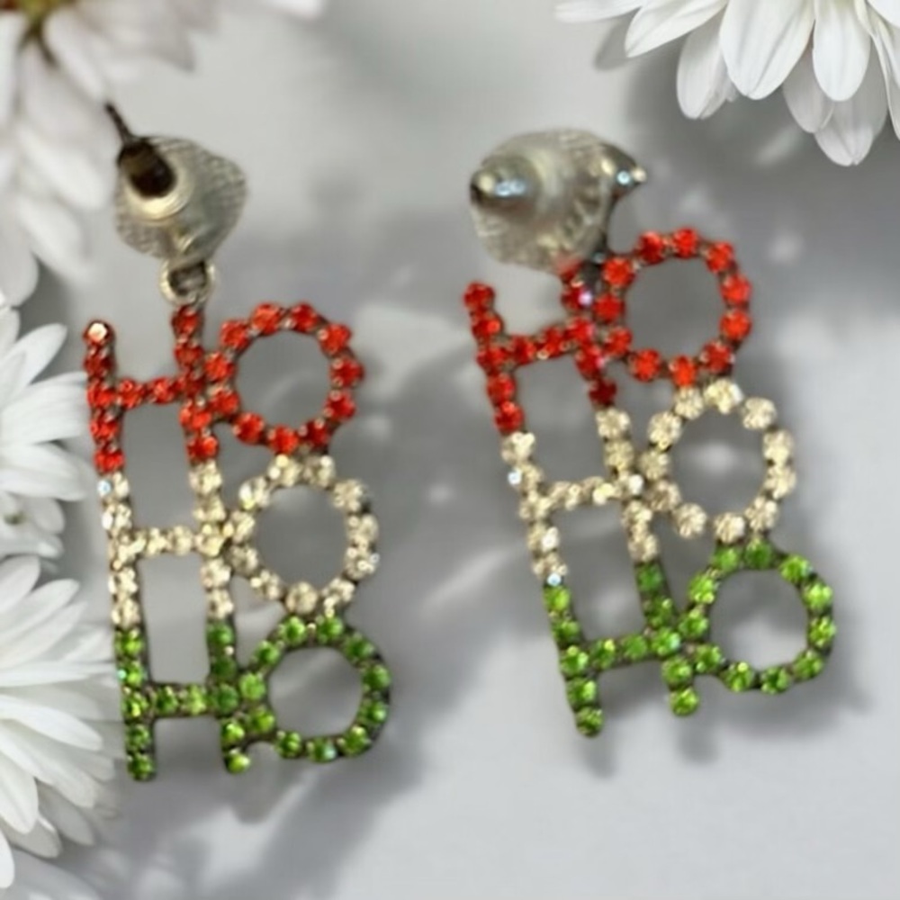 Holiday “Ho Ho Ho” Earrings Rhinestone Christmas Dangle Jewelry Silver Sparkly